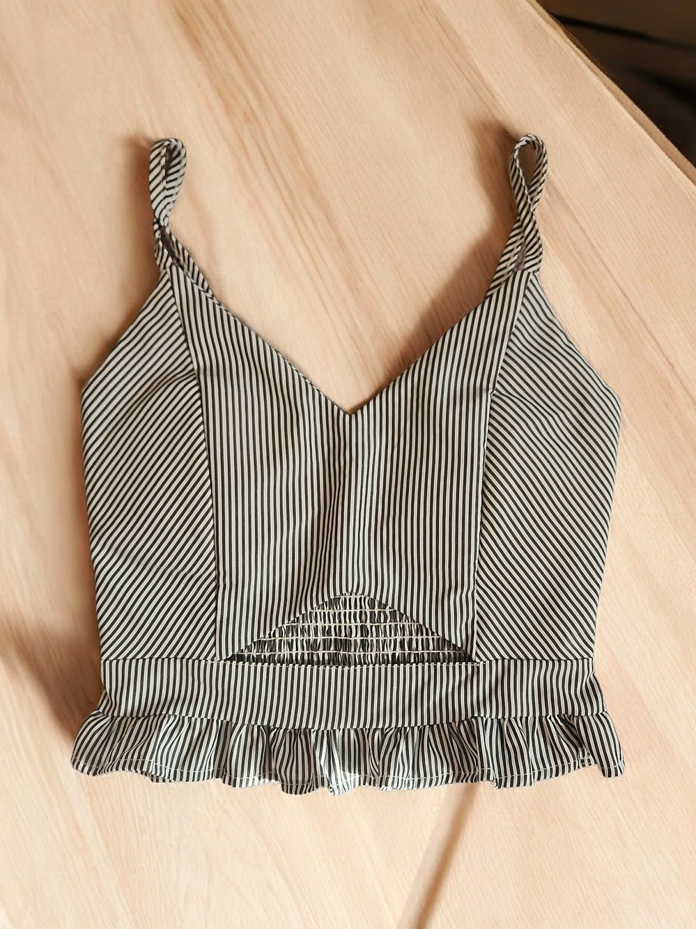 Striped Black & White Ruffle Hem Cami Top With Cutout-Size Small